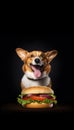 Joyful Dog Posing for TV Food Commercial on Black Background .