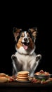 Joyful Dog Posing for TV Food Commercial on Black Background .