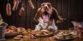 Joyful dog savors a tasty treat of hot dogs. AI generative