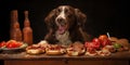 Joyful dog savors a tasty treat of hot dogs. AI generative