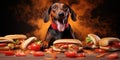 Joyful dog savors a tasty treat of hot dogs. AI generative
