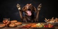 Joyful dog savors a tasty treat of hot dogs. AI generative