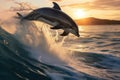 Joyful Dolphins Leaping Out of Water, Creating Cascading Fountains in Playful Ocean Waves Royalty Free Stock Photo