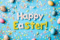 Colorful Easter celebration with decorated eggs and confetti on a bright blue background Royalty Free Stock Photo
