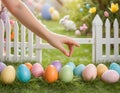 Joyful Easter Egg Hunt in Colorful Garden. A child& x27;s hand picks up a Easter Eggs in the garden. Royalty Free Stock Photo