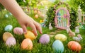 Joyful Easter Egg Hunt in Colorful Garden. A child& x27;s hand picks up a Easter Eggs in the garden. Royalty Free Stock Photo