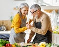 Joyful elderly couple have fun dancing and singing while cooking together in kitchen Royalty Free Stock Photo