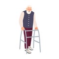 Joyful elderly man with walking frame or walker isolated on white background. Old bearded male character with physical Royalty Free Stock Photo