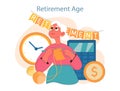 Joyful elderly woman celebrates the transition to retirement age Flat vector illustration.