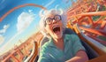 Joyful elderly woman riding in an amusement park