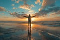 Joyful Embrace of Sunset at the Beach. A person stands with arms outstretched, embracing the beauty of a stunning beach sunset