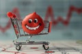 Joyful emoji plushie in mini shopping cart with financial chart background. This adorable image features a red emoji Royalty Free Stock Photo