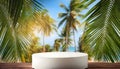Abstract Joyful Empty podium for product presentation and coconut tree on digital art concept, Generative AI