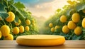 Joyful Empty podium for product presentation and Snap melon tree background Royalty Free Stock Photo
