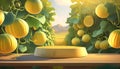 Joyful Empty podium for product presentation and Snap melon tree background Royalty Free Stock Photo
