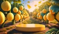Joyful Empty podium for product presentation and Snap melon tree background Royalty Free Stock Photo