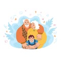 Joyful european grandparents standing with grandchild in gentle protective hug. Loving elderly couple with young kid. Comic Royalty Free Stock Photo