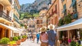 Joyful european senior couple taking selfie on vacation with blurred downtown background