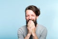Joyful excited happy man covering mouth emotion Royalty Free Stock Photo