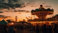 Joyful families spin under illuminated carnival lights at summer event generated by AI
