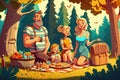 Joyful Family Picnic in the Forest. Generative Ai