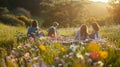 A joyful family picnic in a picturesque meadow filled with colorful wildflowers, children playing tag, AI generated Royalty Free Stock Photo