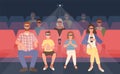 Joyful family sitting in stereoscopic movie theater or cinema hall. Mother, father and their children in 3d glasses
