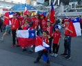 Joyful fans of team Chile soccer actively support their team during the Confederations Cup in Russia.