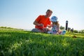 Joyful father with a small daughter are playing on a green meadow Royalty Free Stock Photo