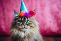 Joyful Feline Celebrating a Festive Birthday Party, donning a Party Hat with ample Copy Space