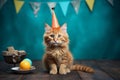 Joyful Feline Celebrating a Festive Birthday Party, donning a Party Hat with ample Copy Space