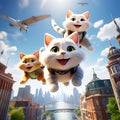 Smiling Cats Soaring Over the City in Highly Detailed Concept Art Ã¢â¬â Ultra-Realistic Digital Illustration