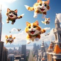 Smiling Cats Soaring Over the City in Highly Detailed Concept Art Ã¢â¬â Ultra-Realistic Digital Illustration