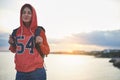 Joyful female tourist relaxing at the seaside Royalty Free Stock Photo