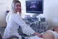 The ultrasound doctor examines the woman& x27;s abdominal cavity Royalty Free Stock Photo