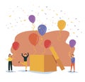 Joyful, flat characters people jump out of the gift box. Friends made a surprise. Your best gift is your friends. Confetti and