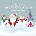 Joyful flat design Christmas card with snowman , Santa and gnome. Christmas poster