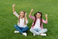 Joyful friends. Sisterhood and friendship. Cheerful schoolgirls on sunny day. Girl ponytails hairstyle enjoy summer