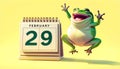 Joyful frog celebrating Leap Day on a sunny calendar backdrop