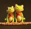 Joyful frogs exuding love and warmth. A charming toad couple, rendered in a 3D animated cartoon character style, spreading cheer