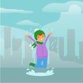 Joyful, funny girl in rain, child jumping in puddle, cute childish background design, cartoon style vector illustration. Royalty Free Stock Photo