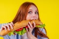 Joyful funny redhaired ginger girl with wild eyes suffering from anarexia with greedy ,eating large sandwic in studio Royalty Free Stock Photo