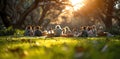 Joyful gathering of friends and family for a serene outdoor picnic in nature\'s embrace