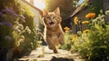 Joyful ginger kitten leaping in a sunlit garden, summer flowers and cobblestone path, cheerful summer day