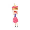 Joyful Girl with Big Piece of Cake, Happy Person with Holiday Symbol, Happy Birthday Concept Cartoon Style Vector Royalty Free Stock Photo