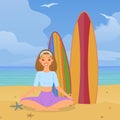 Joyful girl doing yoga beach, vacation ocean, colorful nature, yellow, hot sand, design, cartoon style vector