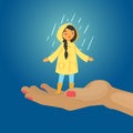 Joyful girl in rain, blue background, happy, colorful autumn day, child without umbrella, design cartoon style vector