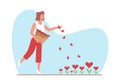 Joyful girl sows hearts as symbol of love and peace, hope and care. Adorable woman with basket. Romantic happy emotion