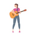 Joyful Girl Wearing Casual Clothes Playing Acoustic Guitar, Female Musician Guitarist Character Performing at Concert
