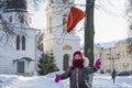 Joyful girls with backpack goes home from school